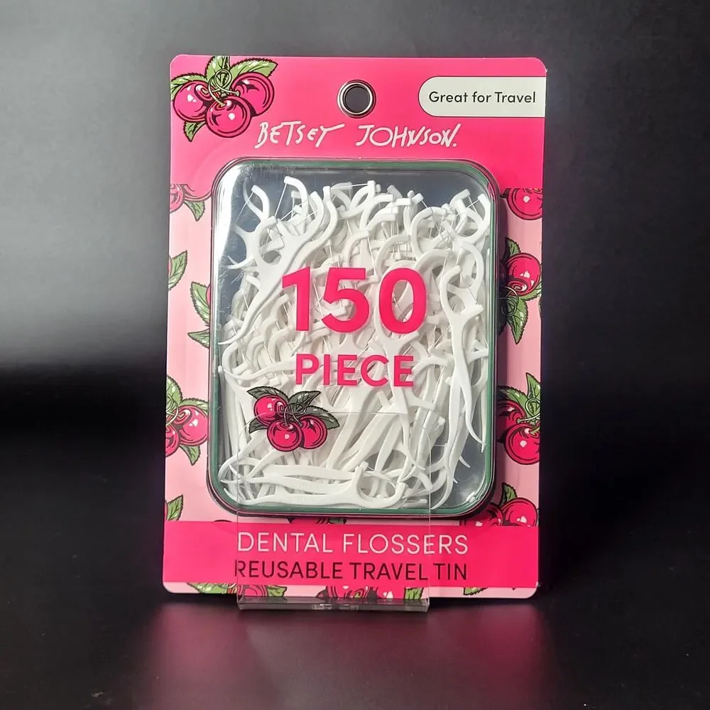 Betsey Johnson 150 Piece Dental Flossers Green Reusable Travel Tin Pink Cherries